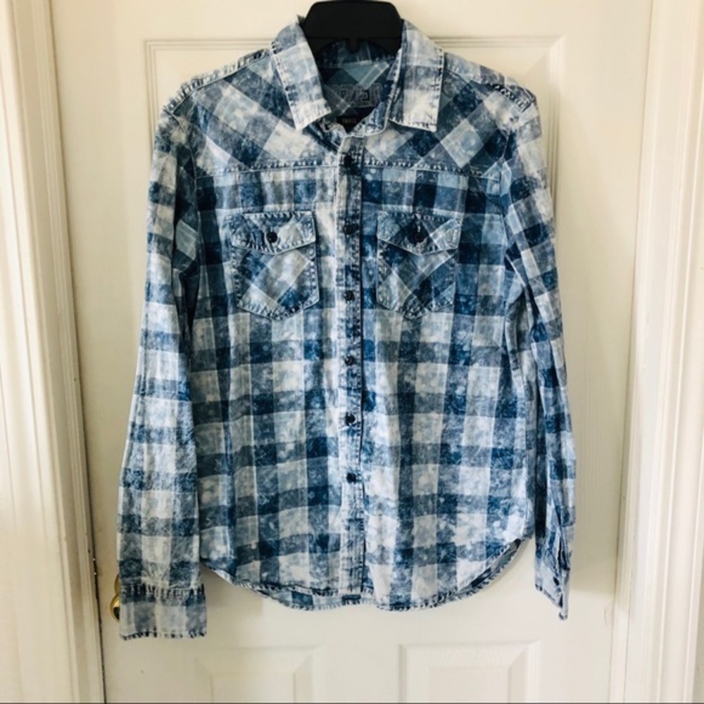 LAZER denim intentionally distressed cotton plaid button up shirt Size small